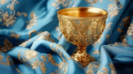 Ornate Golden Chalice Resting on Elegant Embroidered Blue Silk Fabric