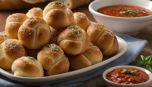 plate of garlic knots with marinara dipping sauce