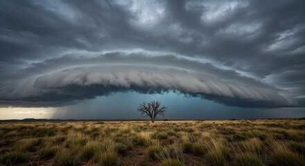 Dramatic Storm Clouds Over Lone Tree in Prairie Landscape