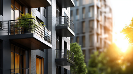 Modern apartment building with balconies illuminated by sunlight