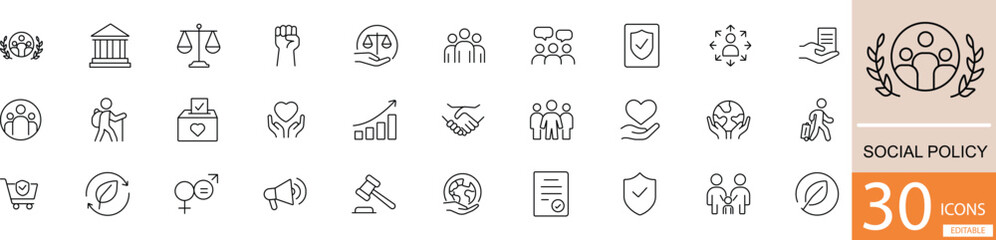 ): Minimal black line icons representing key elements of social policy such as welfare, equality, public services, education, health, and social justice. Ideal for NGOs, government, and awareness camp