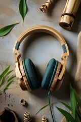 Sustainable Wooden Headphones: Teal Earcups, Eco-Friendly Design, Serene Mood, Natural Background