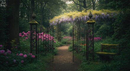 Ornate wrought-iron gate leading into a lush garden.