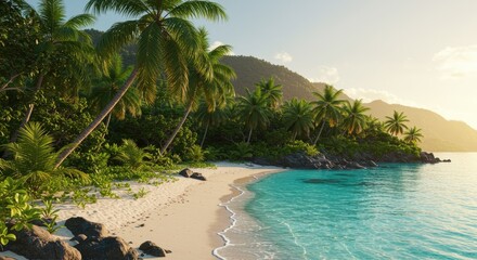 Tropical island beach scene at sunrise.