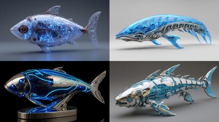 Four digital renderings showcase bioluminescent, mechanical fish; designs range from translucent, skeletal structures to armored, metallic bodies with glowing internal circuitry