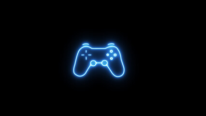 A bright blue neon gamepad symbolic for game night excitement in glowing vector art on a stark black