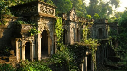 Fototapeta premium Ancient, overgrown stone structures nestled within a lush, green hillside. Sunbeams filter through the foliage, illuminating the weathered stonework and intricate archways.