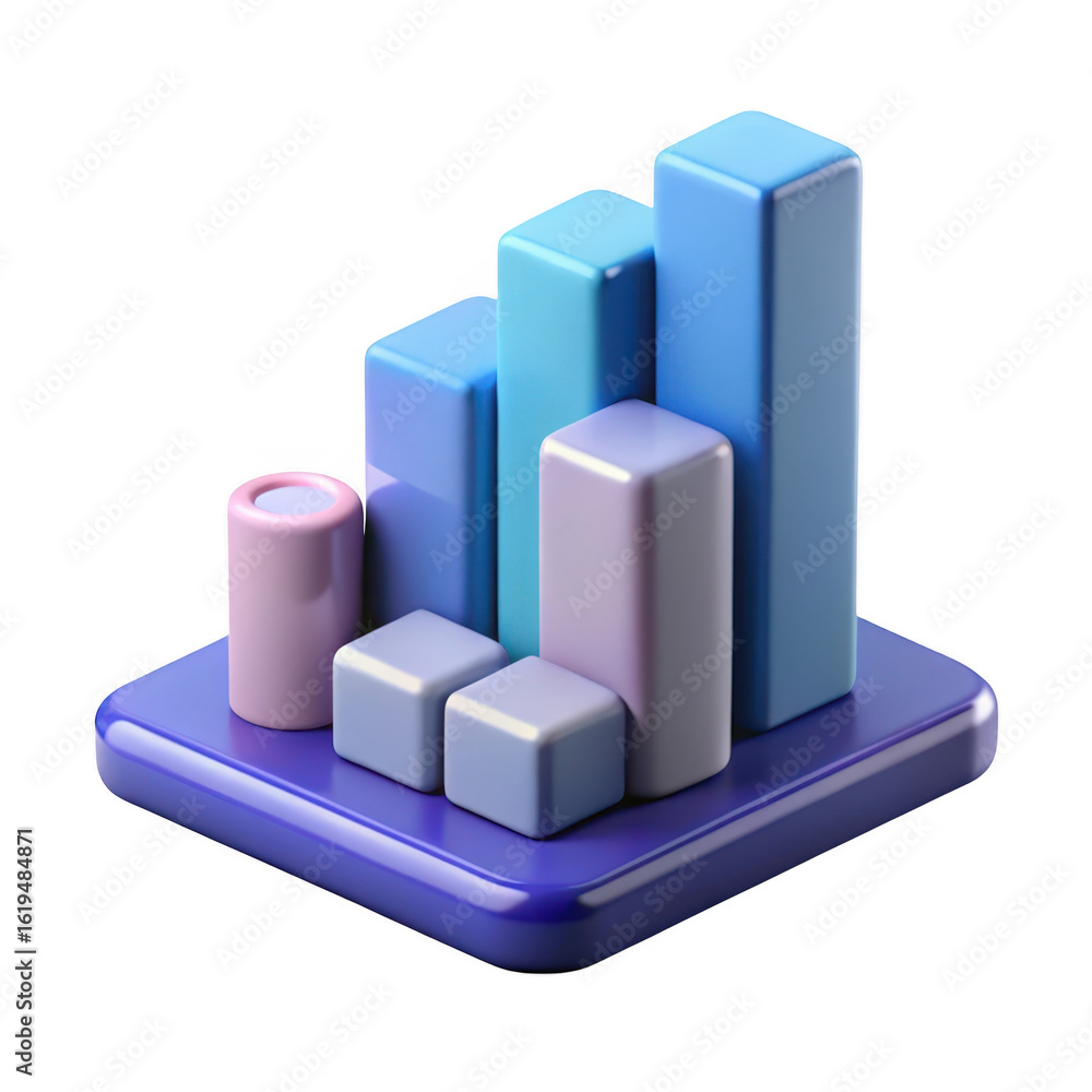 Poster 3d bar chart with growing bars isolated on transparent background