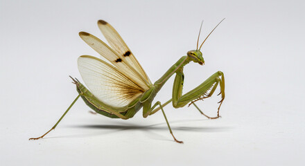 Minimalist elegance — a praying mantis calmly posed in a clean studio setup, ideal for modern designs or educational prints.