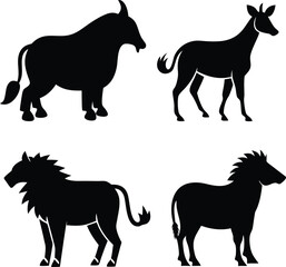 Fototapeta premium Set of four wild animal silhouettes. Black vector icons of a bull, antelope, gnu, and zebra.