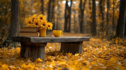 Wooden park bench with books and flowers in autumn.