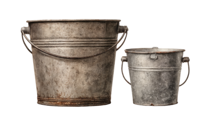 Two weathered metal buckets of varying sizes, positioned side-by-side, with a rustic, aged appearance