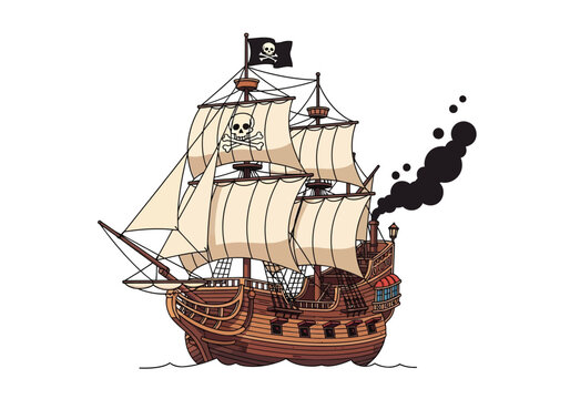 Cartoon pirate ship with skull and crossbones flag and sails sailing ship Vector illustration of