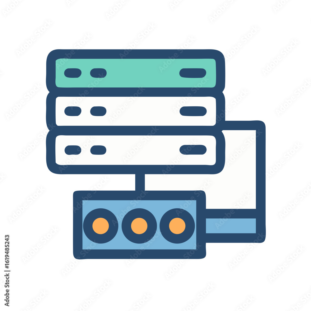 Aufkleber data server rack with interface connection flat illustration