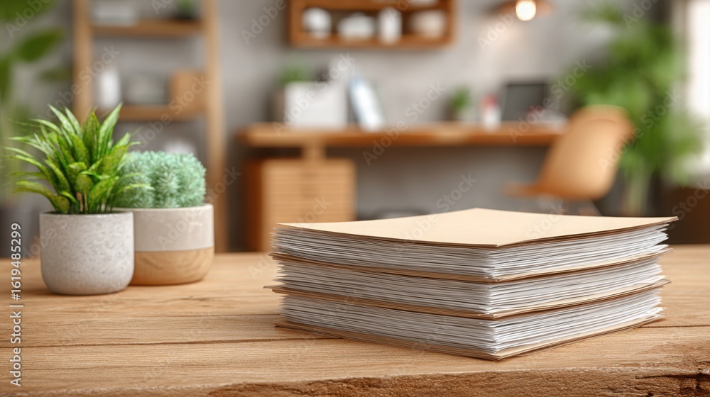 Poster a stack of papers resting on a table reflecting organized tax documentation in a professional office