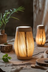 Warm, Ambient Lighting: Modern Wooden Table Lamps with Natural Woven Shades, Cozy Home Decor