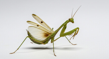 Minimalist elegance — a praying mantis calmly posed in a clean studio setup, ideal for modern designs or educational prints.