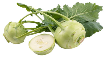 Fresh kohlrabi vegetable with green leaves isolated on transparent background