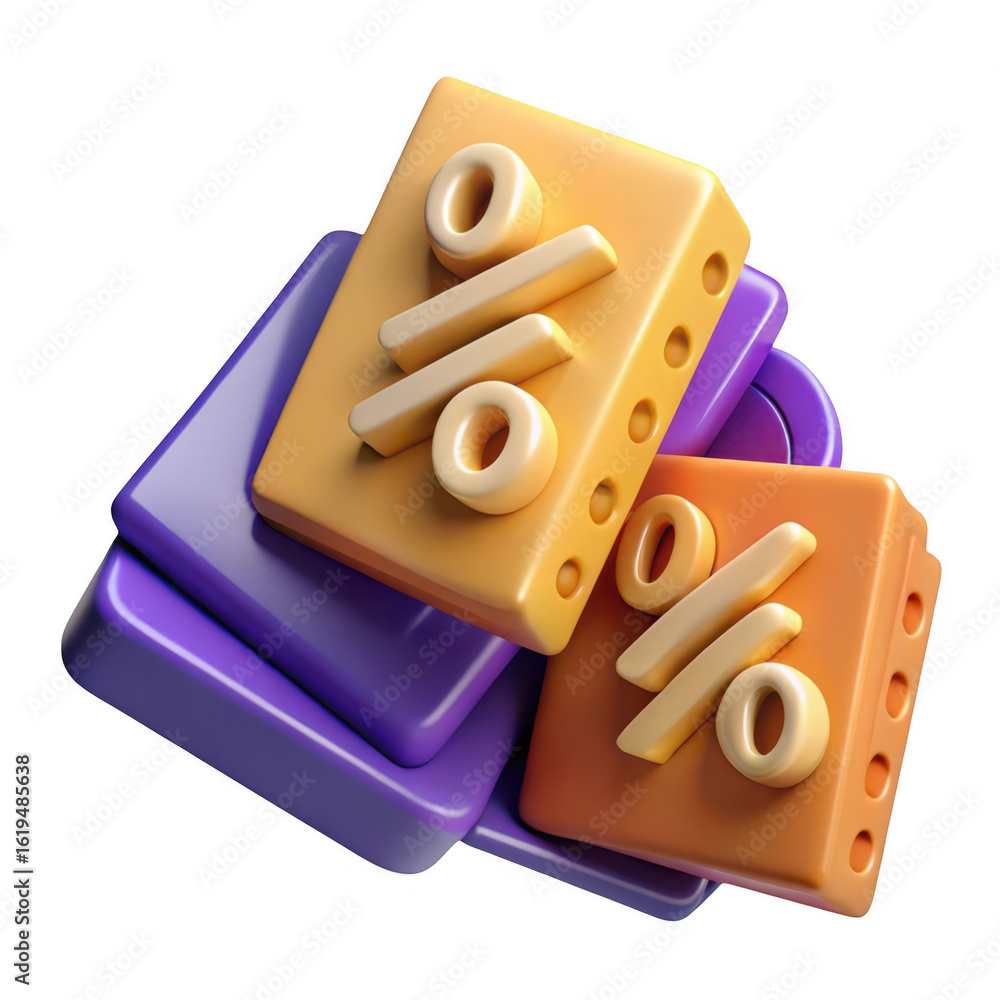 Poster 3d rendering of percentage symbols on stacked blocks isolated on transparent background