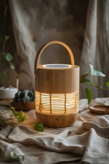 Warm-lit Bamboo Lantern Lamp:  Serene, Minimalist Home Decor, Cozy Atmosphere, Natural Light.