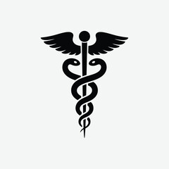 Black & white caduceus symbol vector. Symmetrical, minimalist medical icon with serpent, wings & staff. Perfect for healthcare, clinics, doctors & professional branding.