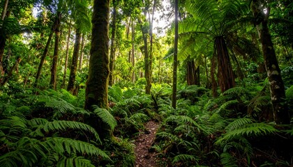 Fototapeta premium Lush green forest path, sunlight filtering through canopy