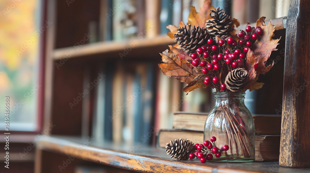 Poster rustic vase filled with berries and pine cones creating a cozy autumnal atmosphere on table