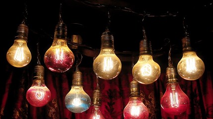 Colorful Edison-style light bulbs illuminate a dark room.