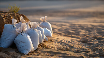 Sandbags on sandy ground illuminated by gentle sunlight