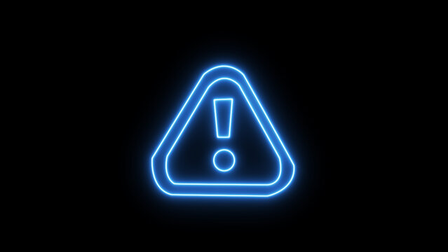 A glowing blue neon sign warns of potential danger with an exclamation mark against a stark dark