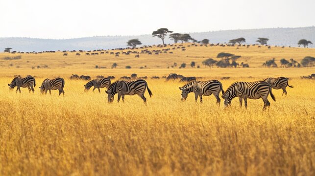 A large herd of Zebras Grazing Peacefully in the African Savannah Grasslands - Powered by Adobe