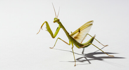 Minimalist elegance — a praying mantis calmly posed in a clean studio setup, ideal for modern designs or educational prints.