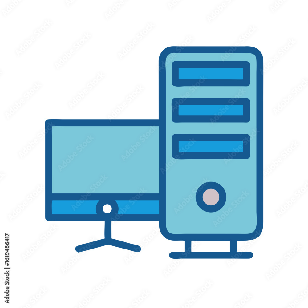 Poster stylized computer setup with monitor and tower illustration