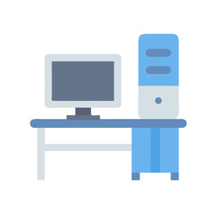 Stylized computer setup with desk and tower on black