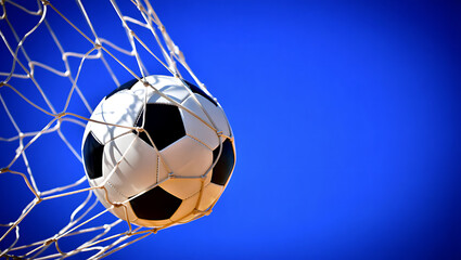soccer ball on goal with net background, football player shoot a leather foot ball for make a score, geneative ai