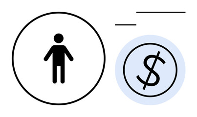 Human figure inside a circle connected to a dollar sign icon. Ideal for finance, economy, budgeting, income management, saving, personal wealth, and decision-making themes. Simple flat metaphor