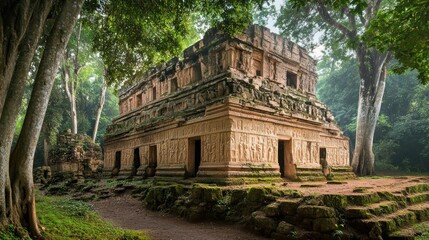 Fototapeta premium Ancient stone temple ruins nestled in a lush, green jungle. Detailed carvings adorn the weathered facade of the structure, while the surrounding forest provides a tranquil atmosphere..