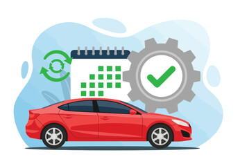 Fototapeta premium Red Sedan Car with Calendar Gear and Check Mark Symbol automobile vehicle Vector illustration of