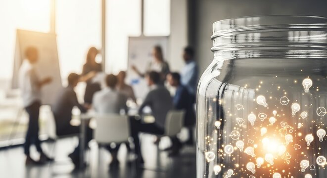 A glass jar filled with light bulb icons stands in focus, with a blurred corporate meeting in the background, concept for innovation workshop, creative brainstorming and business solution