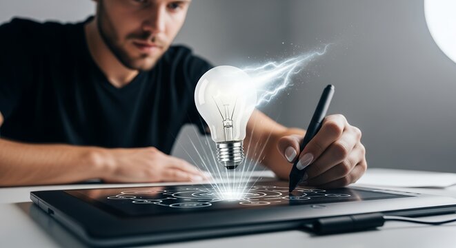 Young graphic designer drawing light bulb with electricity on digital tablet, concept for creative idea, innovation process and product design brainstorming session for e-commerce vice president