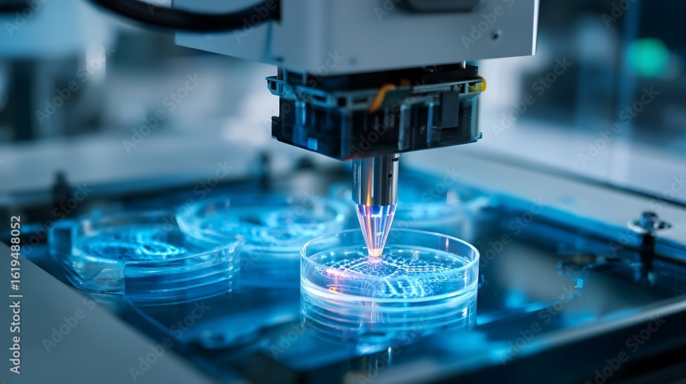Poster automated lab equipment working with petri dish in a futuristic setting