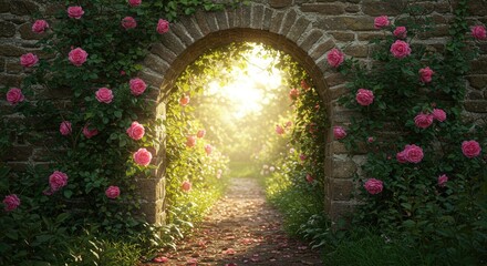 Sunlit archway framed by vibrant pink roses.