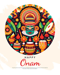 Vibrant Onam design showing Kerala’s culture, boat race, and harvest festival mood