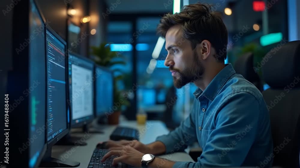 Poster typing code on multiple monitors at night working late