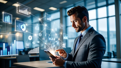 Businessman using mobile smartphone and icon network connection data with growth graph customer, digital marketing, banking and payment online, analysis and planning of business, Generative Ai