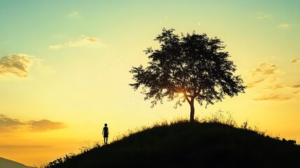 Silhouette of a person on a hill at sunset with a solitary tree.