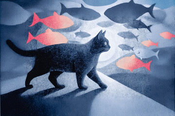 pointillism art a cat walking with fish background wallpaper