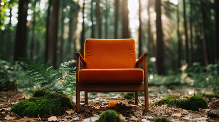 A vibrant orange velvet armchair stands amidst thick greenery and soft moss in a tranquil forest. Sunlight filters through the trees, enhancing the peaceful ambiance and inviting relaxation
