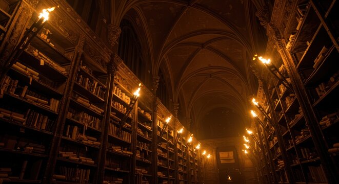 Ancient Library Lit by Torches, Books and Scrolls.