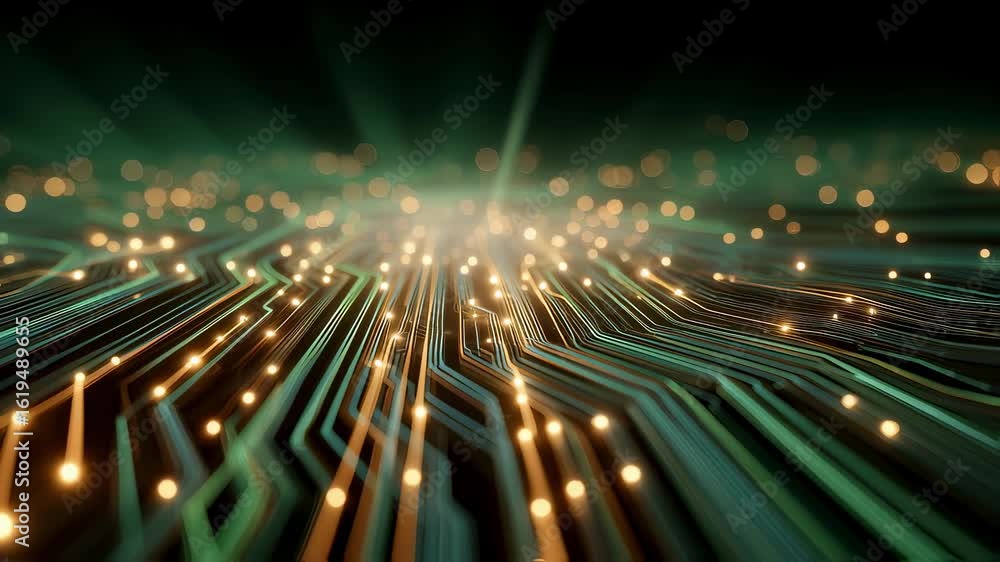 Poster conceptual image of a vibrant circuit board radiating light from powerful processors and glowing lin